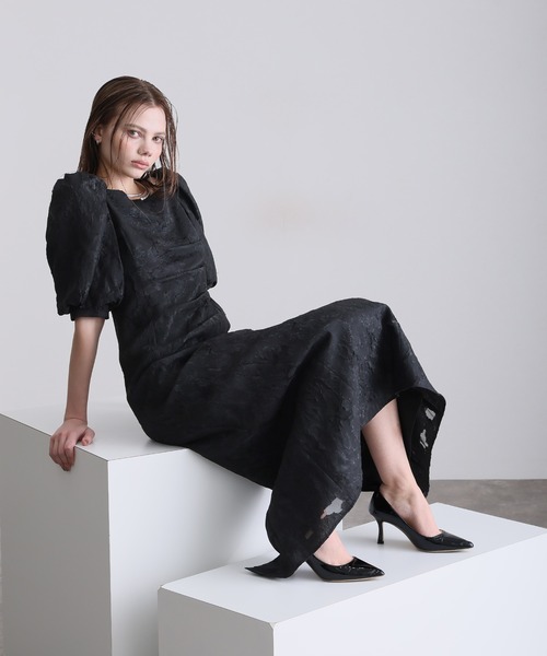 atlo(アトロ)の「ミモレ丈&袖あり フォーマル シアー ジャカード オーガンジー ドレス セレモニー 結婚式二次会 パーティー ドレス オケージョンドレス お呼ばれ 同窓会 成人式(ドレス・レディース・ブラック/グリーン/ブラウン/グレー・M)」の2枚目の写真