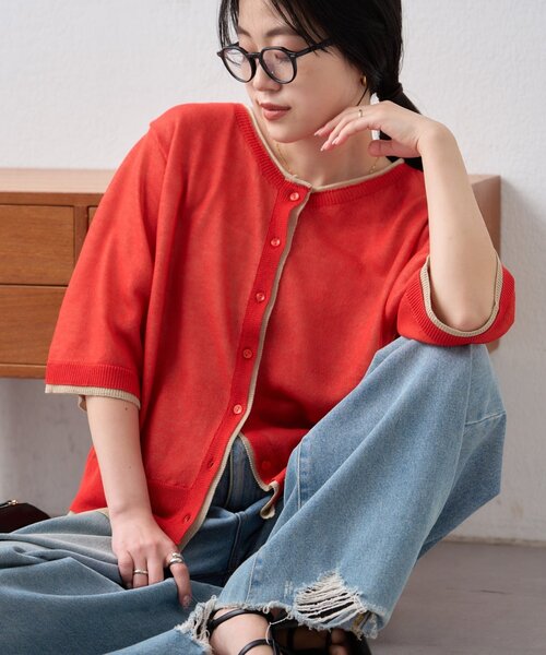 CIAOPANIC TYPY（チャオパニックティピー）の「2wayレイヤードライク配色5分袖シアーニットカーデ（カーディガン/ボレロ・レディース・レッド/イエロー/ブラック/サックスブルー・ONE SIZE）」の4枚目の写真