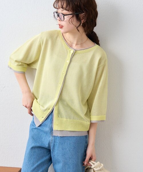 CIAOPANIC TYPY（チャオパニックティピー）の「2wayレイヤードライク配色5分袖シアーニットカーデ（カーディガン/ボレロ・レディース・レッド/イエロー/ブラック/サックスブルー・ONE SIZE）」の3枚目の写真