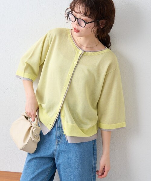 CIAOPANIC TYPY（チャオパニックティピー）の「2wayレイヤードライク配色5分袖シアーニットカーデ（カーディガン/ボレロ・レディース・レッド/イエロー/ブラック/サックスブルー・ONE SIZE）」の10枚目の写真