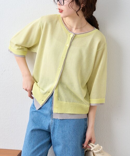 CIAOPANIC TYPY（チャオパニックティピー）の「2wayレイヤードライク配色5分袖シアーニットカーデ（カーディガン/ボレロ・レディース・レッド/イエロー/ブラック/サックスブルー・ONE SIZE）」の11枚目の写真