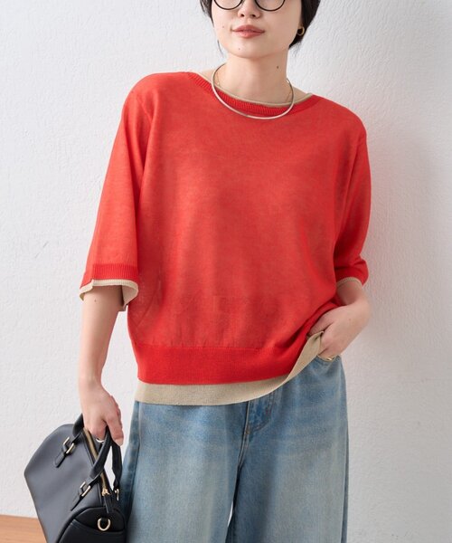 CIAOPANIC TYPY（チャオパニックティピー）の「2wayレイヤードライク配色5分袖シアーニットカーデ（カーディガン/ボレロ・レディース・レッド/イエロー/ブラック/サックスブルー・ONE SIZE）」の5枚目の写真