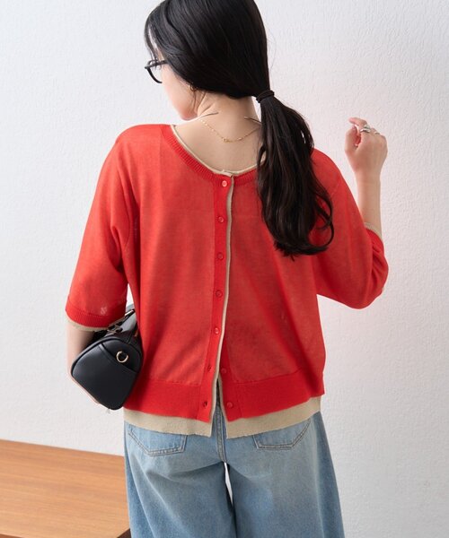 CIAOPANIC TYPY（チャオパニックティピー）の「2wayレイヤードライク配色5分袖シアーニットカーデ（カーディガン/ボレロ・レディース・レッド/イエロー/ブラック/サックスブルー・ONE SIZE）」の7枚目の写真