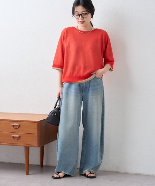 CIAOPANIC TYPY（チャオパニックティピー）の「2wayレイヤードライク配色5分袖シアーニットカーデ（カーディガン/ボレロ・レディース・レッド/イエロー/ブラック/サックスブルー・ONE SIZE）」の8枚目の写真