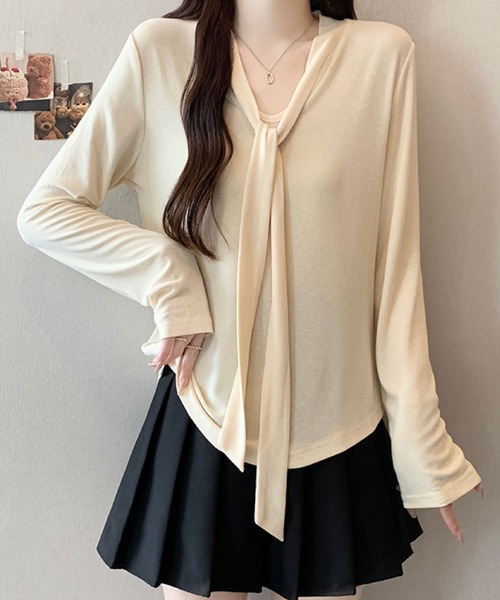 2ly2(トゥーリートゥー)の「ボウタイリボン ドレープネック 長袖トップス / フェミニン ボウタイカットソー(Tシャツ/カットソー・レディース・ボルドー/アイボリー/ブラック/ベージュ・FREE)」の10枚目の写真