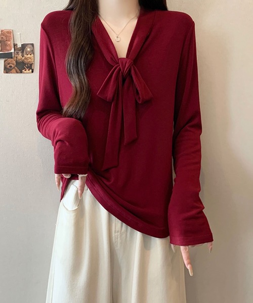2ly2(トゥーリートゥー)の「ボウタイリボン ドレープネック 長袖トップス / フェミニン ボウタイカットソー(Tシャツ/カットソー・レディース・ボルドー/アイボリー/ブラック/ベージュ・FREE)」の17枚目の写真