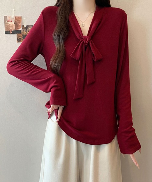 2ly2(トゥーリートゥー)の「ボウタイリボン ドレープネック 長袖トップス / フェミニン ボウタイカットソー(Tシャツ/カットソー・レディース・ボルドー/アイボリー/ブラック/ベージュ・FREE)」の18枚目の写真