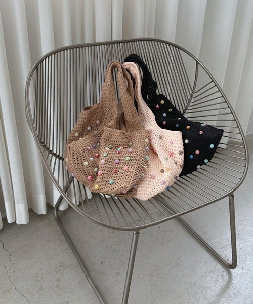 Jewelobe(ジュエローブ)の「ビーズ付きかぎ針編みトートバック(ショルダーバッグ・レディース・ブラック/アイボリー/モカ・FREE)」の3枚目の写真
