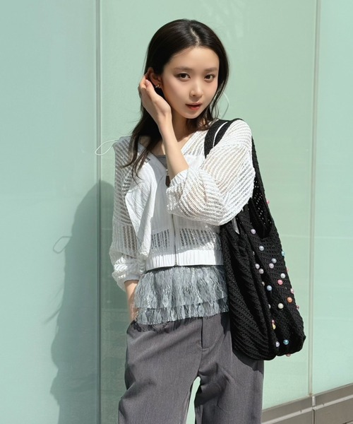 Jewelobe(ジュエローブ)の「ビーズ付きかぎ針編みトートバック(ショルダーバッグ・レディース・ブラック/アイボリー/モカ・FREE)」の5枚目の写真