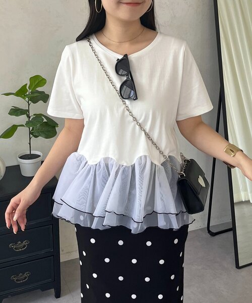 prose verse(プロズヴェール)の「バイカラー裾フリルTシャツ(Tシャツ/カットソー・レディース・ブルー/オフホワイト/ブラック・LARGE/MEDIUM)」の1枚目の写真