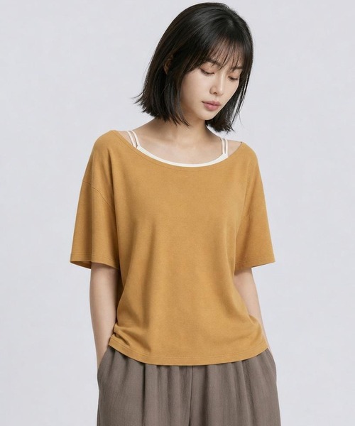 LEPSIM(レプシィム)の「メランジシアーオーバーT 668118(Tシャツ/カットソー・レディース・ブラック/キャメル/オフホワイト・FREE)」の3枚目の写真