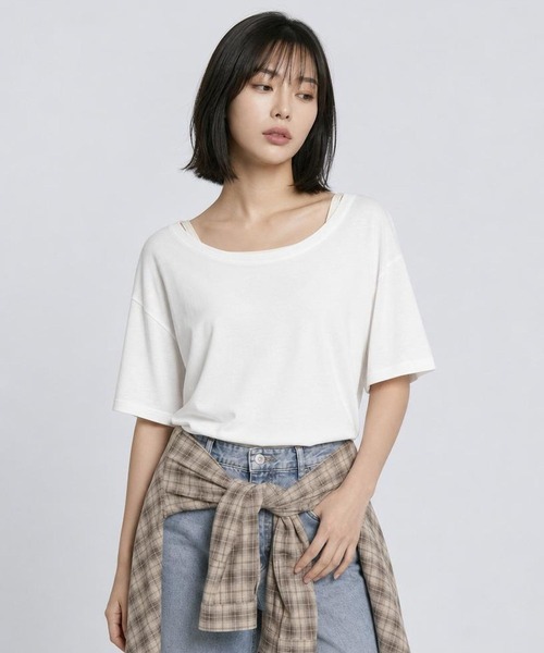 LEPSIM(レプシィム)の「メランジシアーオーバーT 668118(Tシャツ/カットソー・レディース・ブラック/キャメル/オフホワイト・FREE)」の2枚目の写真