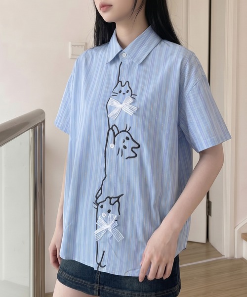 HOOK for girls ぶら下がりネコ刺繍 × レースリボン 半袖マルチ