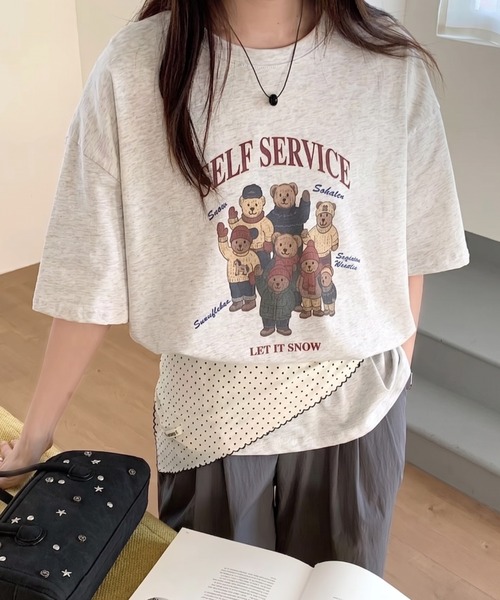 Teem Store(チームストア)の「テディベアプリント ロゴ オーバーTシャツ(Tシャツ/カットソー・レディース・ダークグレー/ライトグレー/ホワイト・F)」の2枚目の写真
