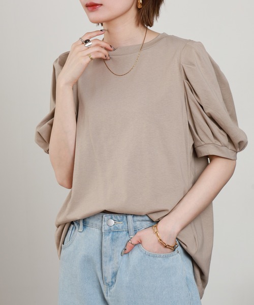 FUNALIVE(ファンアライブ)の「ラウンドネックパフスリーブ半袖Tシャツ(Tシャツ/カットソー・レディース・チャコールグレー/グレイッシュベージュ/ブラック/ミント/ホワイト・4L~5L/M~L/LL~3L)」の4枚目の写真