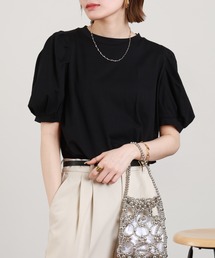 ラウンドネックパフスリーブ半袖Tシャツ