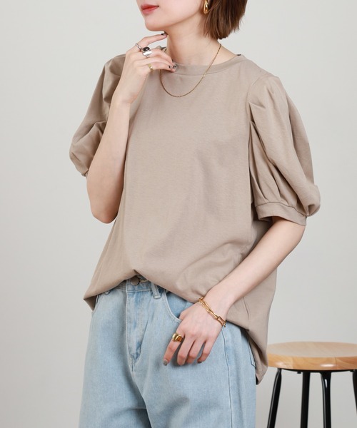 FUNALIVE(ファンアライブ)の「ラウンドネックパフスリーブ半袖Tシャツ(Tシャツ/カットソー・レディース・チャコールグレー/グレイッシュベージュ/ブラック/ミント/ホワイト・4L~5L/M~L/LL~3L)」の10枚目の写真