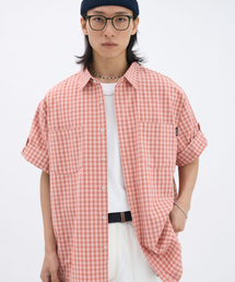 GOSTREET（ゴーストリート）の「セミオーバーフィットチェックロールアップ半袖シャツピンク（シャツ/ブラウス）」