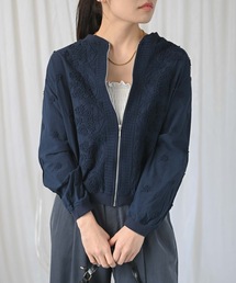 フラワーモチーフ刺繍コットンジップブルゾン