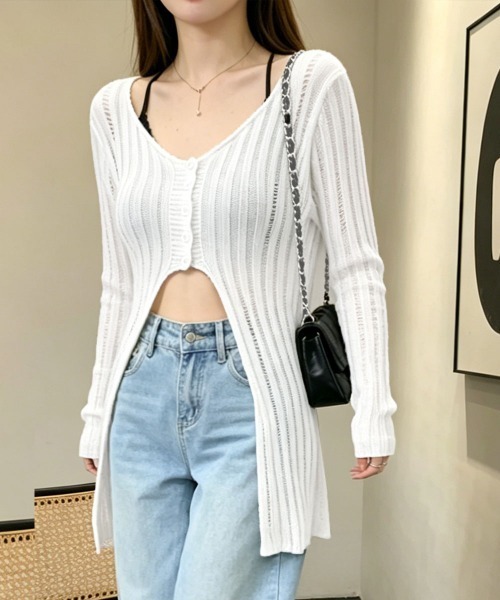 Miniministore(ミニミニストア)の「ダメージ シアーニットトップス長袖透け感(Tシャツ/カットソー・レディース・ブラック/ホワイト/グレイッシュベージュ・FREE)」の2枚目の写真