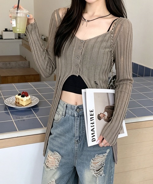 Miniministore(ミニミニストア)の「ダメージ シアーニットトップス長袖透け感(Tシャツ/カットソー・レディース・ブラック/ホワイト/グレイッシュベージュ・FREE)」の1枚目の写真