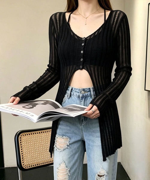 Miniministore(ミニミニストア)の「ダメージ シアーニットトップス長袖透け感(Tシャツ/カットソー・レディース・ブラック/ホワイト/グレイッシュベージュ・FREE)」の3枚目の写真