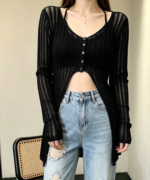 Miniministore(ミニミニストア)の「ダメージ シアーニットトップス長袖透け感(Tシャツ/カットソー・レディース・ブラック/ホワイト/グレイッシュベージュ・FREE)」の4枚目の写真