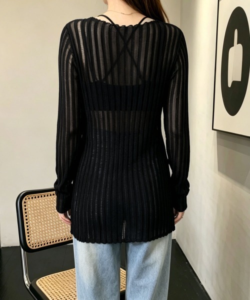 Miniministore(ミニミニストア)の「ダメージ シアーニットトップス長袖透け感(Tシャツ/カットソー・レディース・ブラック/ホワイト/グレイッシュベージュ・FREE)」の7枚目の写真