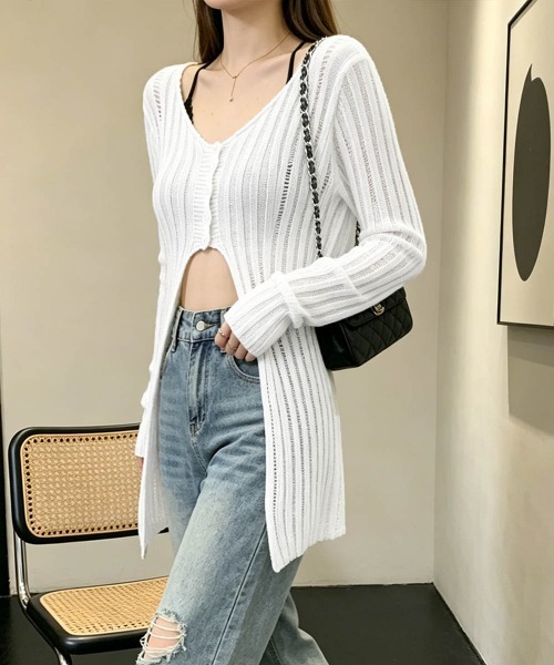 Miniministore(ミニミニストア)の「ダメージ シアーニットトップス長袖透け感(Tシャツ/カットソー・レディース・ブラック/ホワイト/グレイッシュベージュ・FREE)」の9枚目の写真