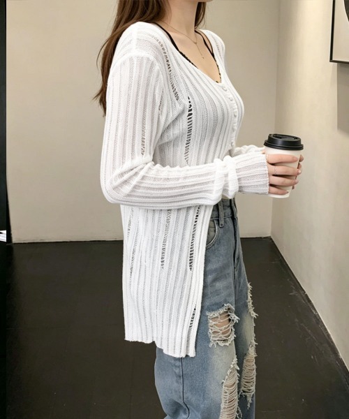 Miniministore(ミニミニストア)の「ダメージ シアーニットトップス長袖透け感(Tシャツ/カットソー・レディース・ブラック/ホワイト/グレイッシュベージュ・FREE)」の10枚目の写真