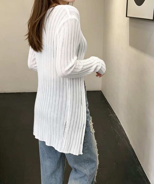 Miniministore(ミニミニストア)の「ダメージ シアーニットトップス長袖透け感(Tシャツ/カットソー・レディース・ブラック/ホワイト/グレイッシュベージュ・FREE)」の11枚目の写真