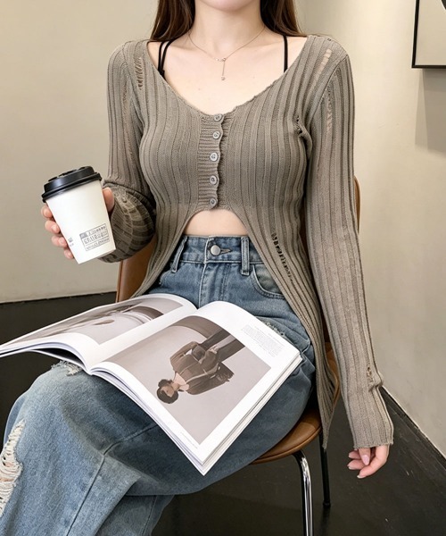 Miniministore(ミニミニストア)の「ダメージ シアーニットトップス長袖透け感(Tシャツ/カットソー・レディース・ブラック/ホワイト/グレイッシュベージュ・FREE)」の18枚目の写真
