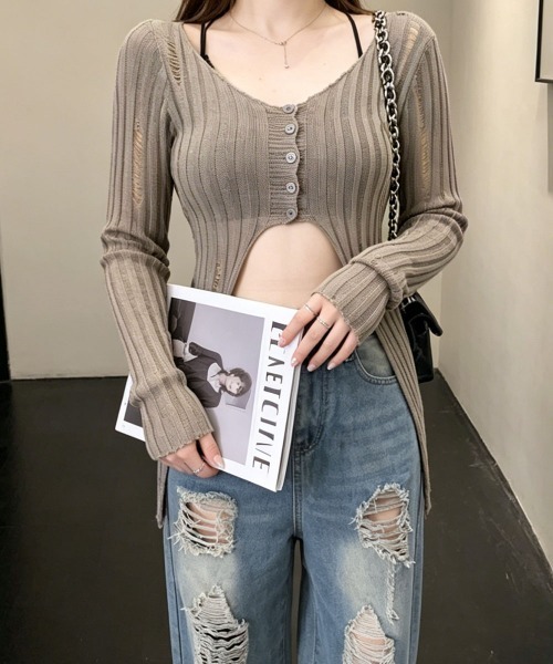 Miniministore(ミニミニストア)の「ダメージ シアーニットトップス長袖透け感(Tシャツ/カットソー・レディース・ブラック/ホワイト/グレイッシュベージュ・FREE)」の19枚目の写真