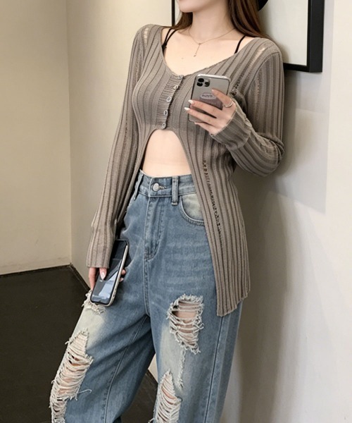 Miniministore(ミニミニストア)の「ダメージ シアーニットトップス長袖透け感(Tシャツ/カットソー・レディース・ブラック/ホワイト/グレイッシュベージュ・FREE)」の21枚目の写真