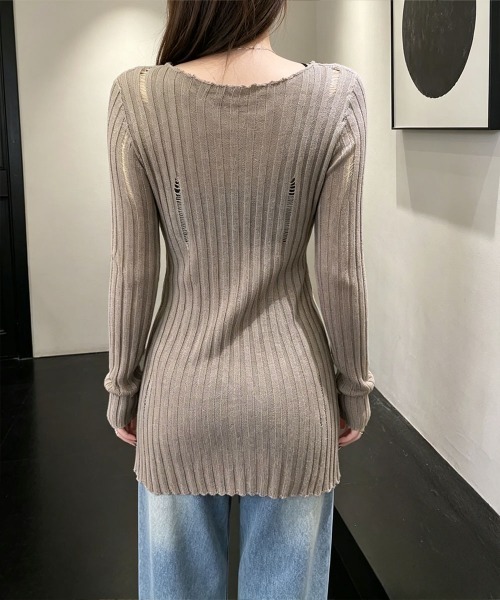 Miniministore(ミニミニストア)の「ダメージ シアーニットトップス長袖透け感(Tシャツ/カットソー・レディース・ブラック/ホワイト/グレイッシュベージュ・FREE)」の22枚目の写真