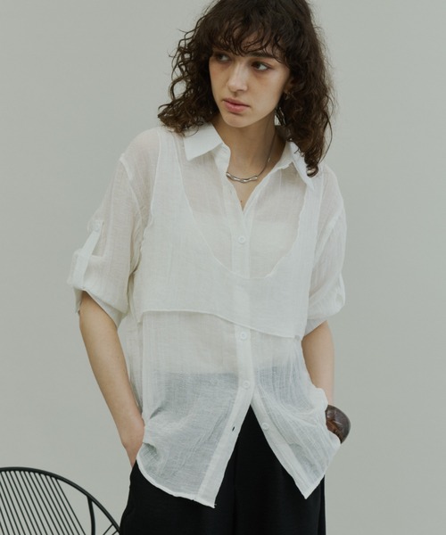 Plumel（プルメル）の「Wrinkle Sheer Bustier Shirt / リンクルシアービスチェシャツ（シャツ/ブラウス・レディース・ベージュ/オフホワイト/ブラウン・MEDIUM）」の10枚目の写真
