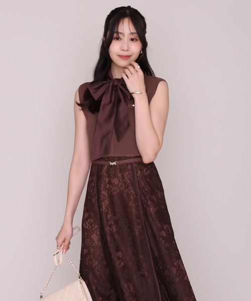 MISCH MASCH(ミッシュマッシュ)の「2026秋冬新作 ボウタイフレンチスリーブレースドッキングワンピース(ワンピース・レディース・イエロー/ブラウン・フリ-)」の3枚目の写真