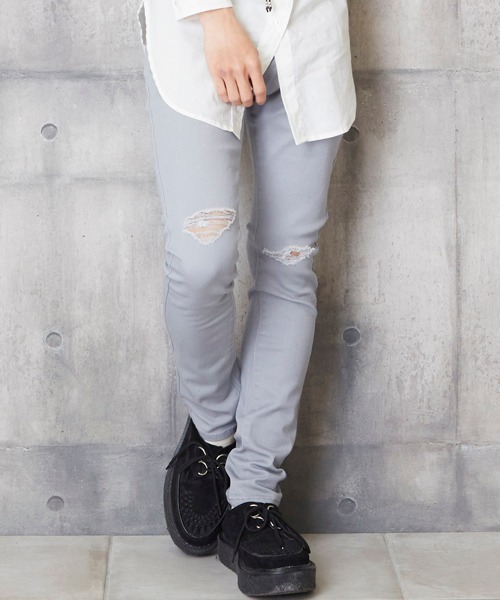 unrelaxing(アンリラクシング)の「クラッシュダメージパンツ(デニムパンツ)」|ライトグレー