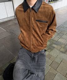 CONTRAST COLLAR LEATHER SUEDE JACKET／コントラスト カラー 合成皮革 スエードライク ジャケット
