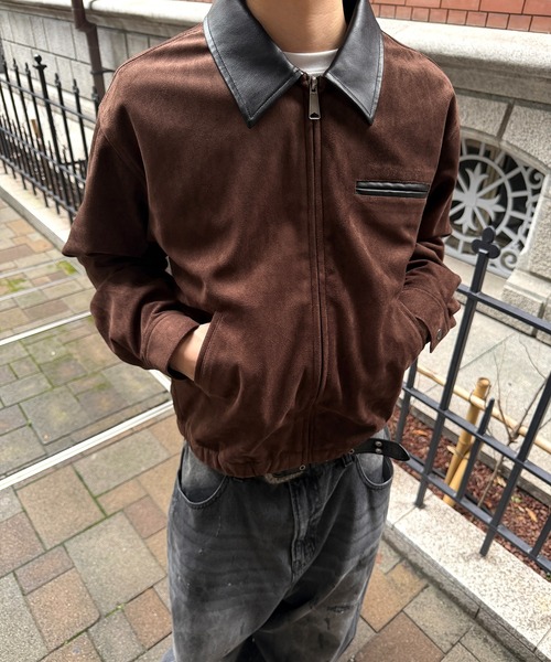 kutir(クティール)の「CONTRAST COLLAR LEATHER SUEDE JACKET/コントラスト カラー 合成皮革 スエードライク ジャケット(ブルゾン・メンズ・ブラック/ブラウン/キャメル・SMALL/MEDIUM/LARGE)」の2枚目の写真