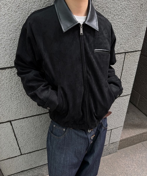 kutir(クティール)の「CONTRAST COLLAR LEATHER SUEDE JACKET/コントラスト カラー 合成皮革 スエードライク ジャケット(ブルゾン・メンズ・ブラック/ブラウン/キャメル・SMALL/MEDIUM/LARGE)」の1枚目の写真