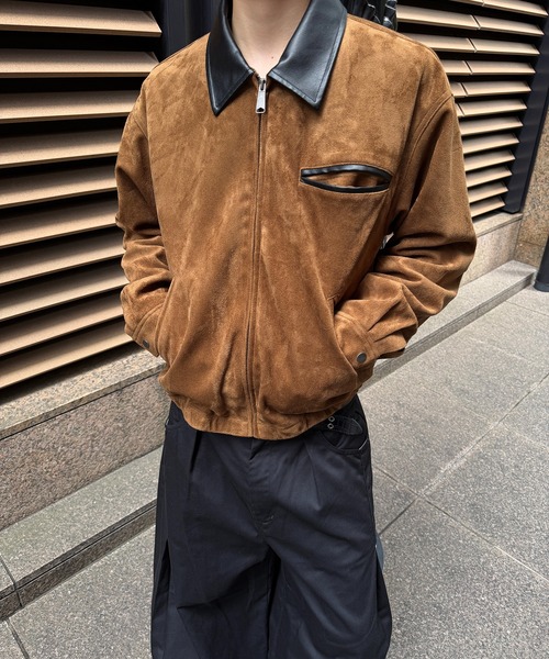 kutir(クティール)の「CONTRAST COLLAR LEATHER SUEDE JACKET/コントラスト カラー 合成皮革 スエードライク ジャケット(ブルゾン・メンズ・ブラック/ブラウン/キャメル・SMALL/MEDIUM/LARGE)」の5枚目の写真