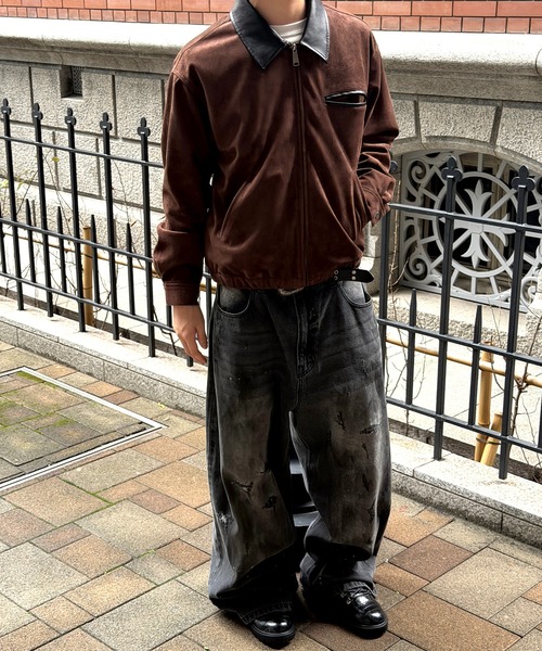 kutir(クティール)の「CONTRAST COLLAR LEATHER SUEDE JACKET/コントラスト カラー 合成皮革 スエードライク ジャケット(ブルゾン・メンズ・ブラック/ブラウン/キャメル・SMALL/MEDIUM/LARGE)」の16枚目の写真