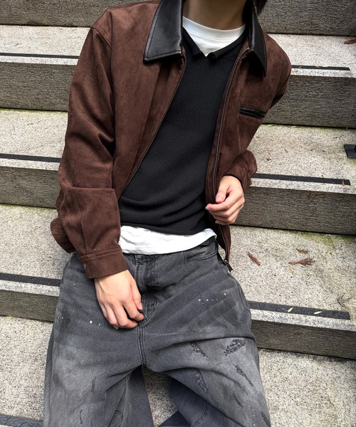 kutir(クティール)の「CONTRAST COLLAR LEATHER SUEDE JACKET/コントラスト カラー 合成皮革 スエードライク ジャケット(ブルゾン・メンズ・ブラック/ブラウン/キャメル・SMALL/MEDIUM/LARGE)」の22枚目の写真
