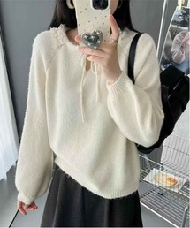 パールレースリボン付きニットトップス