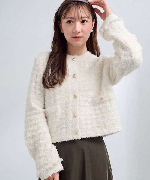 COHINA(コヒナ)の「ミックスツイードゴールドボタンカーディガン 【低身長・小柄女性】(カーディガン/ボレロ・レディース・グレー/ブラック/オフホワイト・ONE SIZE)」の1枚目の写真