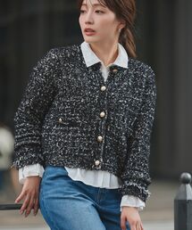 ミックスツイードゴールドボタンカーディガン 【低身長・小柄女性】