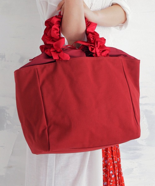 Base ベース の Ray 1月号掲載 大容量ｌ ｌサイズサテンリボンフリルハンドル トートバッグ キャンバスバッグ トートバッグ Wear