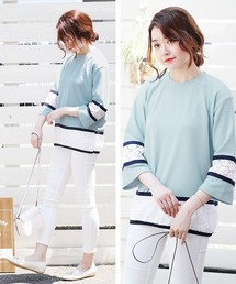 切り替え花柄レースデザインカットソー