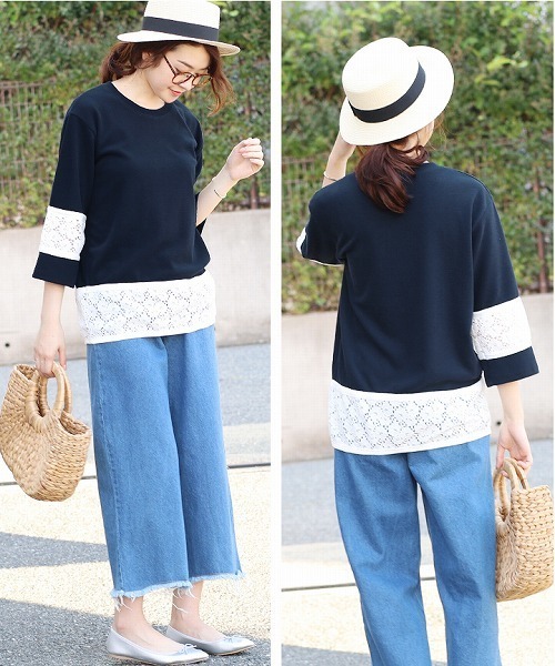 reca(レカ)の「切り替え花柄レースデザインカットソー(Tシャツ/カットソー・レディース・ネイビー/ライトブルー/ピンク系その他/オフホワイト・FREE)」の6枚目の写真